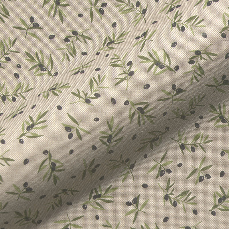 Dekostoff - Halbpanama - Leinenoptik - Olivenzweig Kleingemustert - Farbe: naturbeige grün schwarz