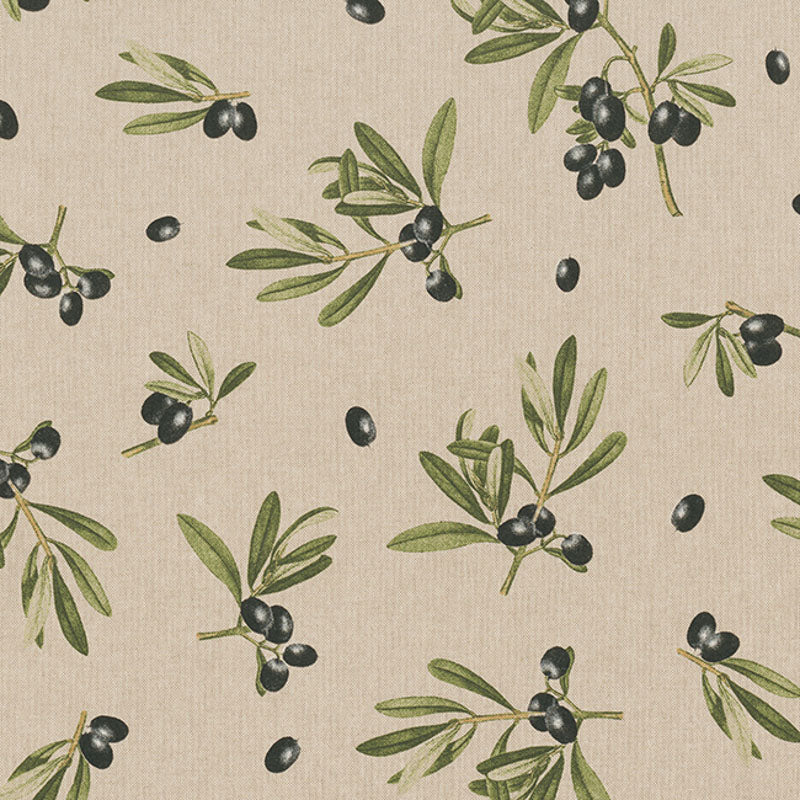Dekostoff - Halbpanama - Leinenoptik - Olivenzweig Großgemustert - Farbe: naturbeige / grün / schwarz
