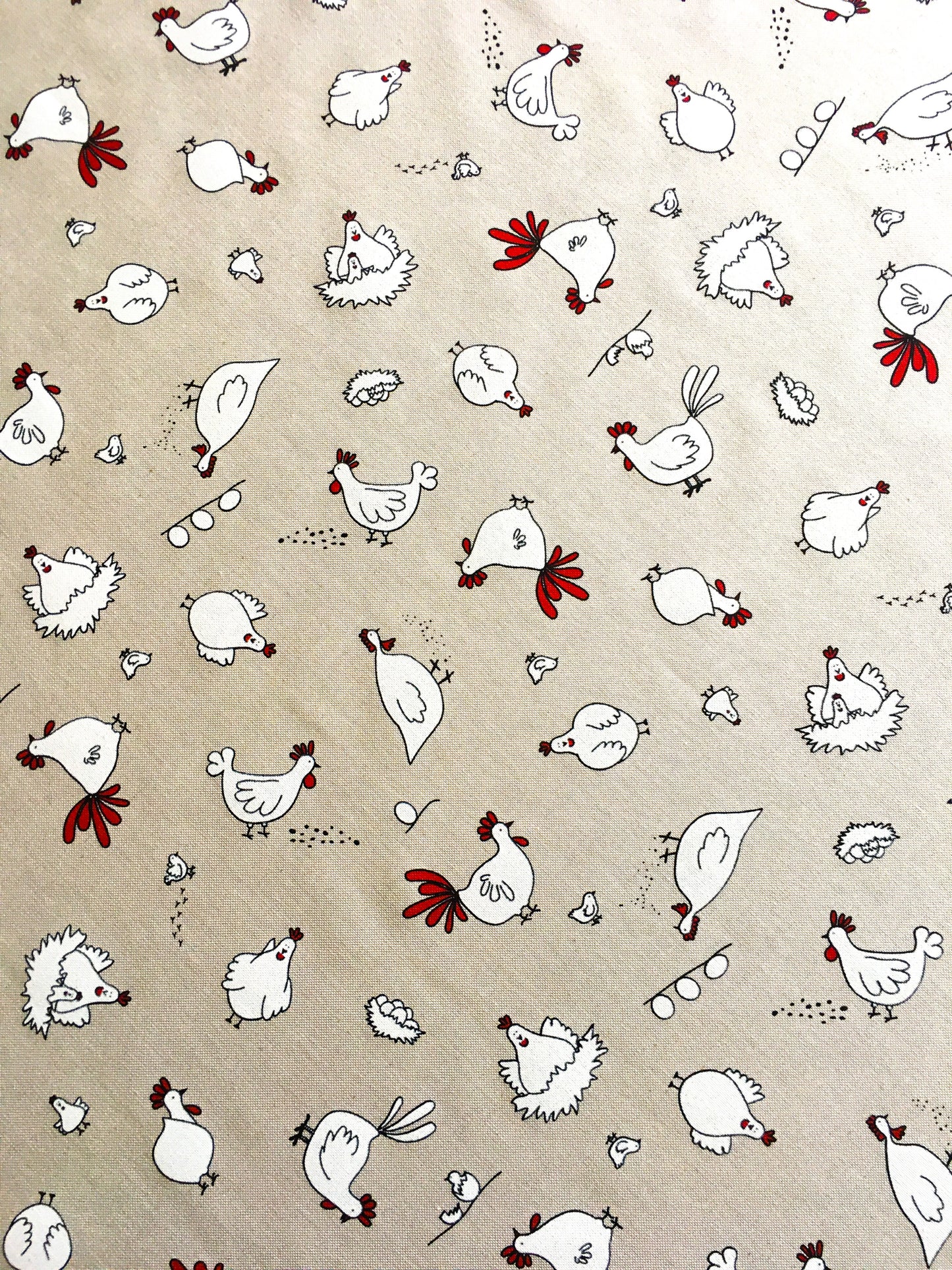 Dekostoff - Halbpanama - Leinenoptik - Ostern - Huhn - weiß / rot