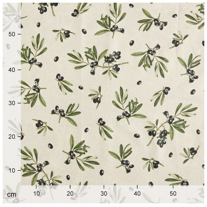 Dekostoff - Halbpanama - Leinenoptik - Olivenzweig Großgemustert - Farbe: naturbeige / grün / schwarz