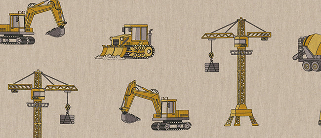 Dekostoff - Halbpanama - Leinenoptik - Autos, Fahrzeuge, Baustelle - Farbe: naturbeige / gelb / schwarz