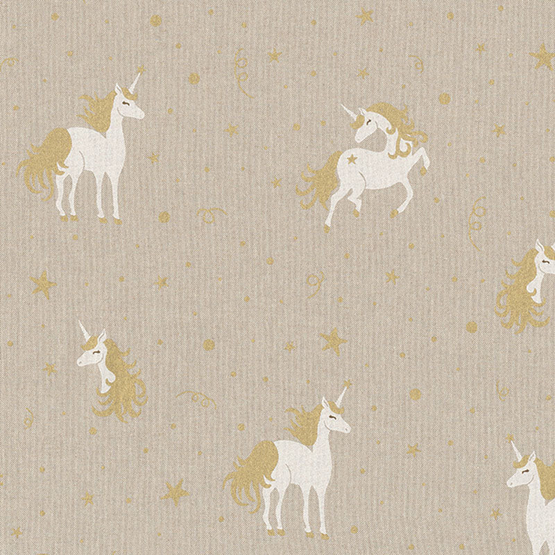Dekostoff - Halbpanama - Leinenoptik - Einhorn - Farbe: naturbeige / gold (Veredelungsfarbe))
