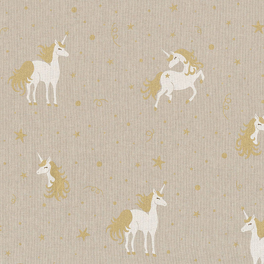 Dekostoff - Halbpanama - Leinenoptik - Einhorn - Farbe: naturbeige / gold (Veredelungsfarbe))