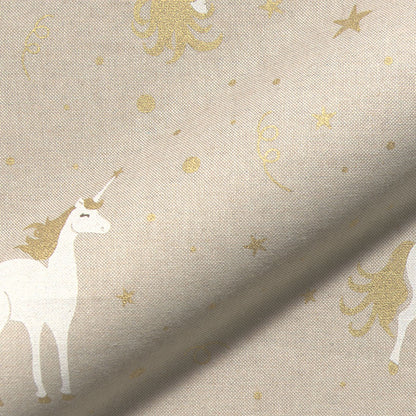 Dekostoff - Halbpanama - Leinenoptik - Einhorn - Farbe: naturbeige / gold (Veredelungsfarbe))