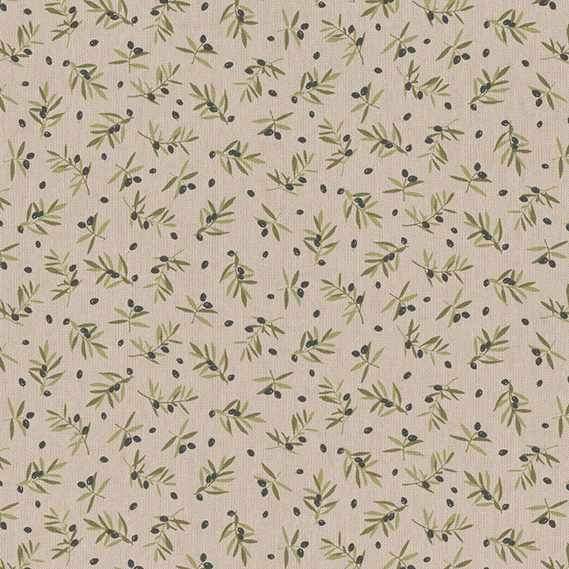 Dekostoff - Halbpanama - Leinenoptik - Olivenzweig Kleingemustert - Farbe: naturbeige  grün  schwarz
