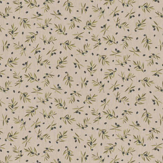 Dekostoff - Halbpanama - Leinenoptik - Olivenzweig Kleingemustert - Farbe: naturbeige  grün  schwarz