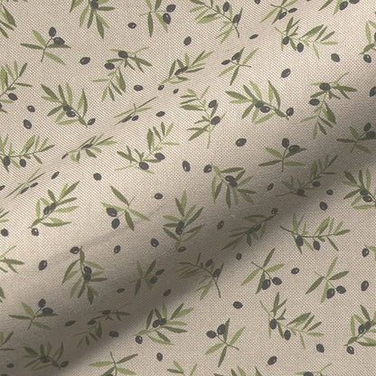 Dekostoff - Halbpanama - Leinenoptik - Olivenzweig Kleingemustert - Farbe: naturbeige  grün  schwarz