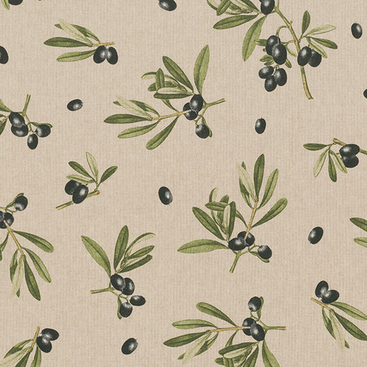 Dekostoff - Halbpanama - Leinenoptik - Olivenzweig Großgemustert - Farbe: naturbeige / grün / schwarz