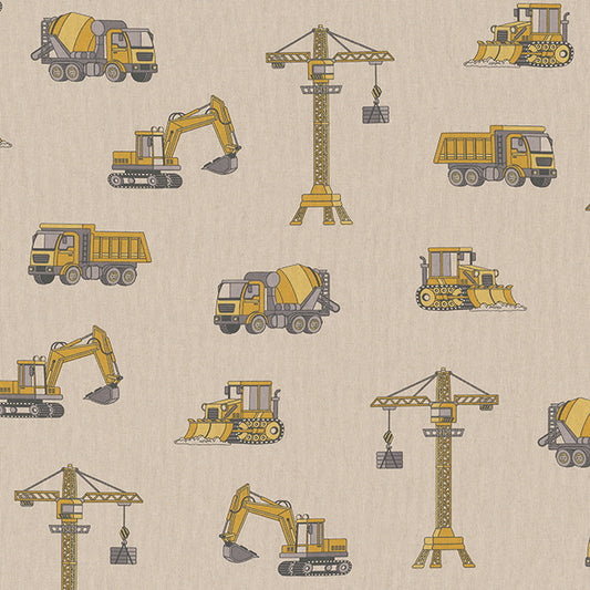 Dekostoff - Halbpanama - Leinenoptik - Autos, Fahrzeuge, Baustelle - Farbe: naturbeige / gelb / schwarz