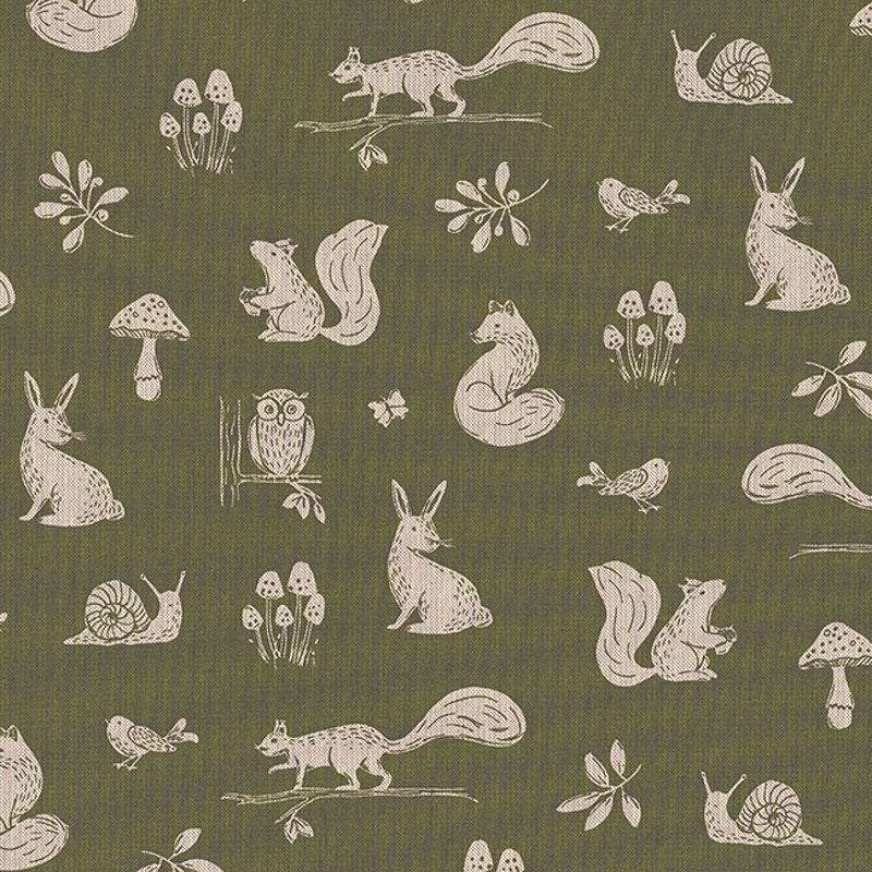 Dekostoff - Halbpanama - Leinenoptik - Waldtiere - Farbe: olivgrün / naturleinen