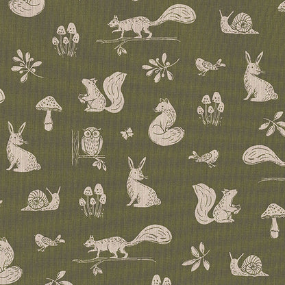 Dekostoff - Halbpanama - Leinenoptik - Waldtiere - Farbe: olivgrün / naturleinen