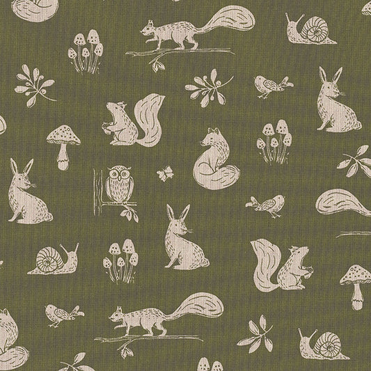 Dekostoff - Halbpanama - Leinenoptik - Waldtiere - Farbe: olivgrün / naturleinen