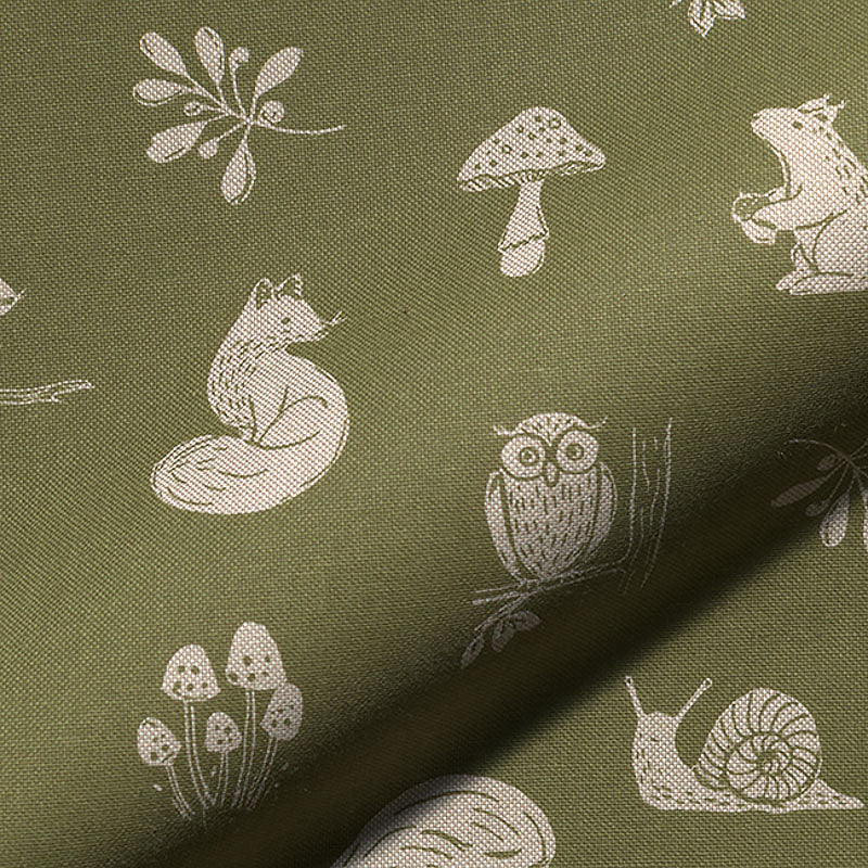 Dekostoff - Halbpanama - Leinenoptik - Waldtiere - Farbe: olivgrün / naturleinen